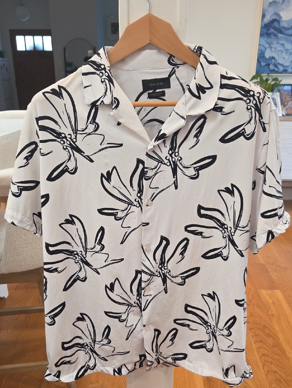 Porter & Ash Men's White SS Floral Nylon Button-Down Shirt W/ Cuban Collar (XL)